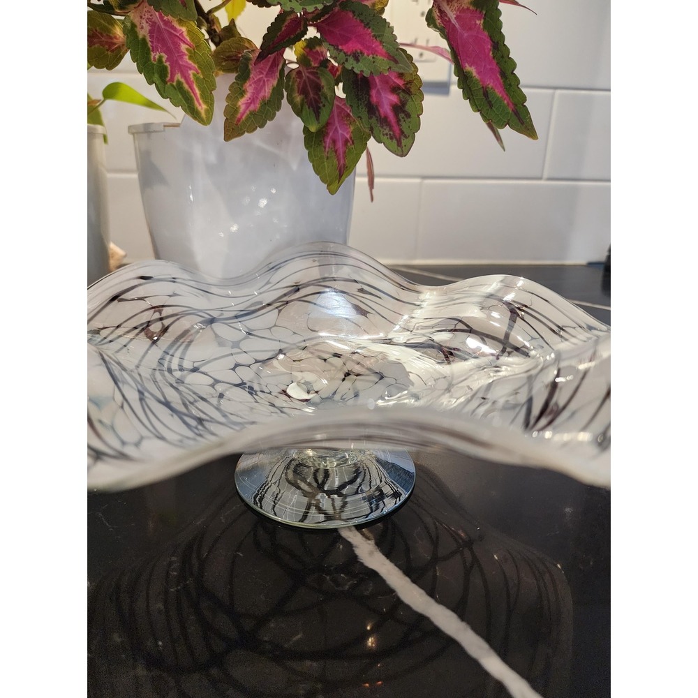 Vintage Murano Style Art Glass Compote Bowl Black White Swirl Iridescent 9 Inch